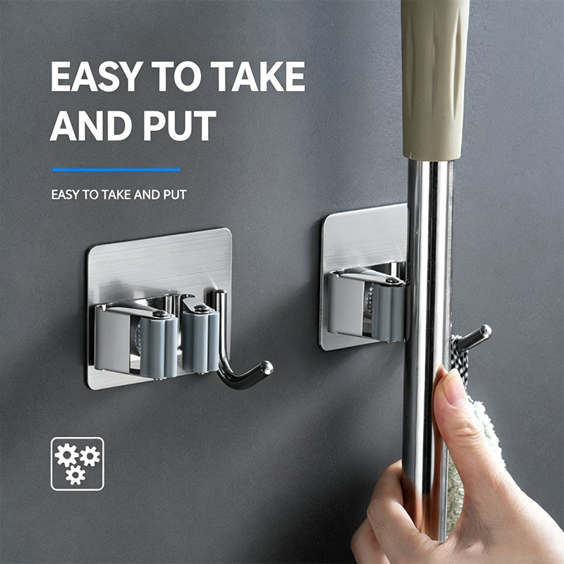 Home Bathroom Organizer - 粘着式壁掛け多目的フック キッチン・バスルーム用ホームオーガナイザーアクセサリー モップラック・ほうきハンガーフック