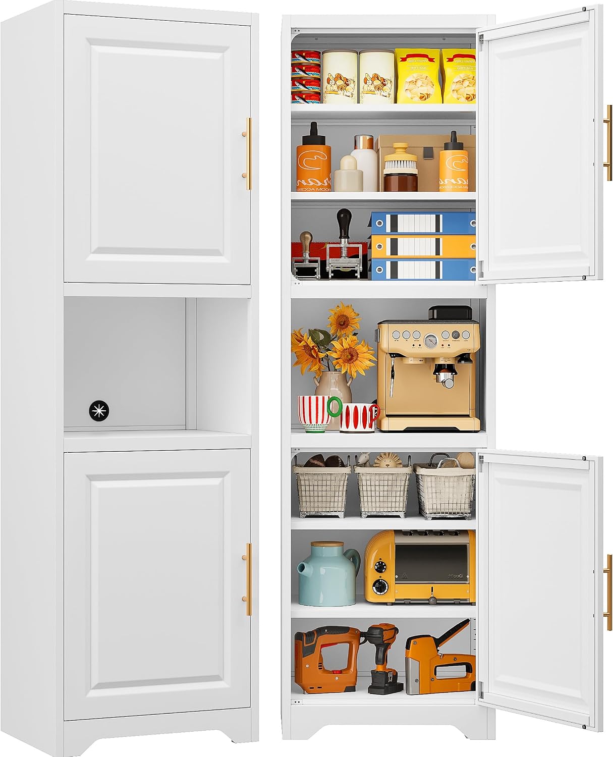 Home Bathroom Organizer - 高さ67インチのスリムな収納キャビネット、2つの扉と7つの棚付き、スリムなキッチンパントリー、金属製のバスルーム収納ラック、ランドリー用ホームオーガナイザー、ホワイト