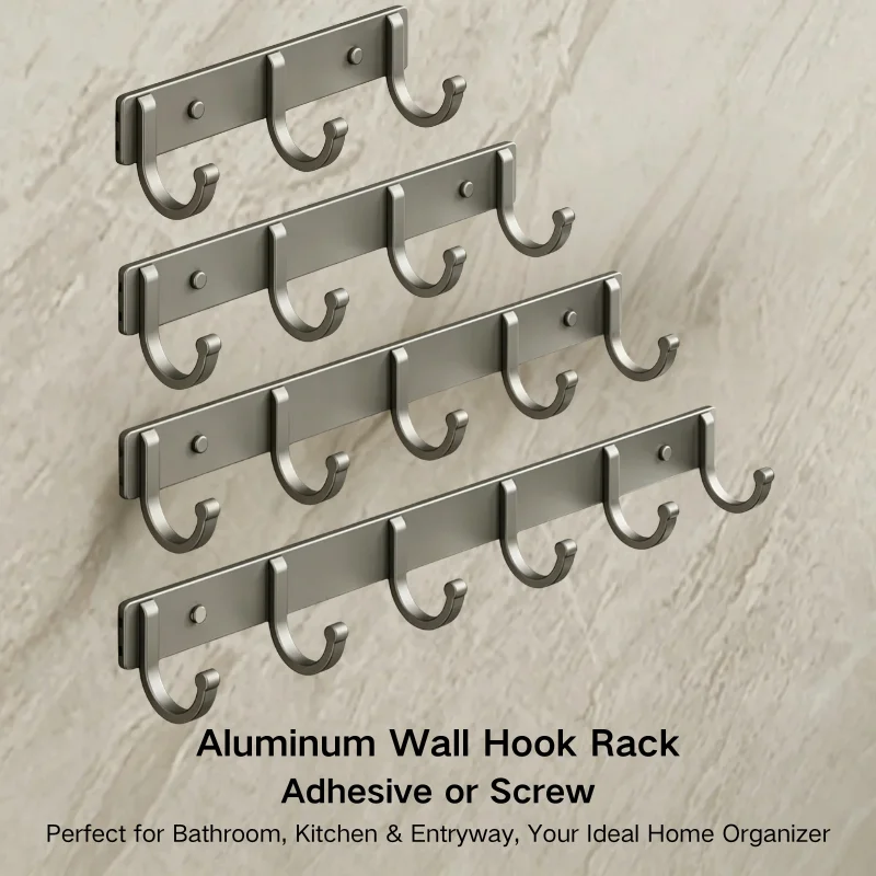 Home Bathroom Organizer - アルミ製壁掛けフックラック – 穴あけ不要の粘着式/ネジ固定式、2色展開、3～6個のフック付き、バスルーム、キッチン、玄関などに最適な、耐久性に優れた収納用品。