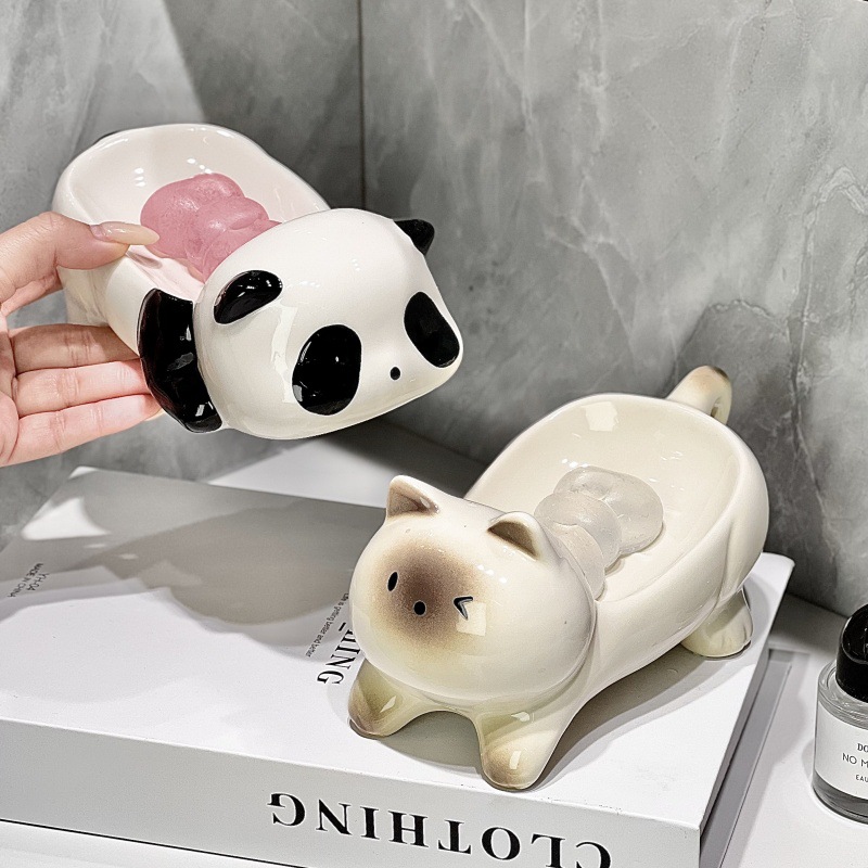 Home Essentials Bathroom Storage - 新しい高級セラミック製石鹸箱は、穴あけ不要の排水設計が特徴で、バスルームの石鹸収納に最適な家庭用必需品です。