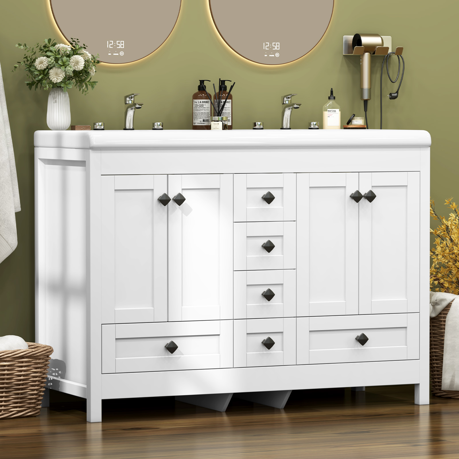 47.3インチの白い洗面台。セラミック製の二重シンクと、扉と - Home Bathroom Vanity Combo のレビューと価格