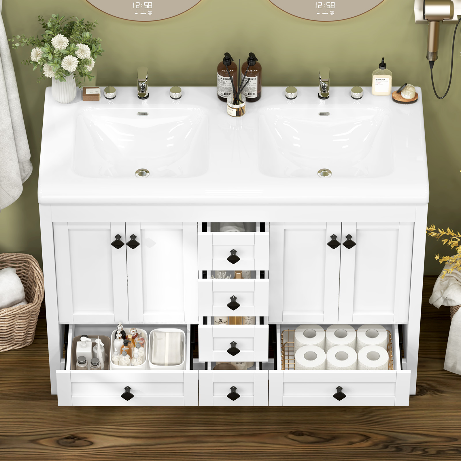 47.3インチの白い洗面台。セラミック製の二重シンクと、扉と - Home Bathroom Vanity Combo のレビューと価格